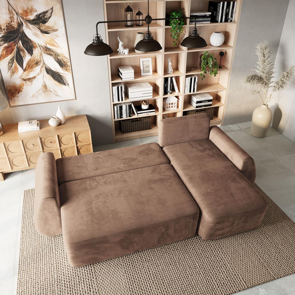 ECKSOFA GALVIS Beige Velours-Stoff mit Schlaffunktion - Beige, Holz (256/156cm) - MASSENO
