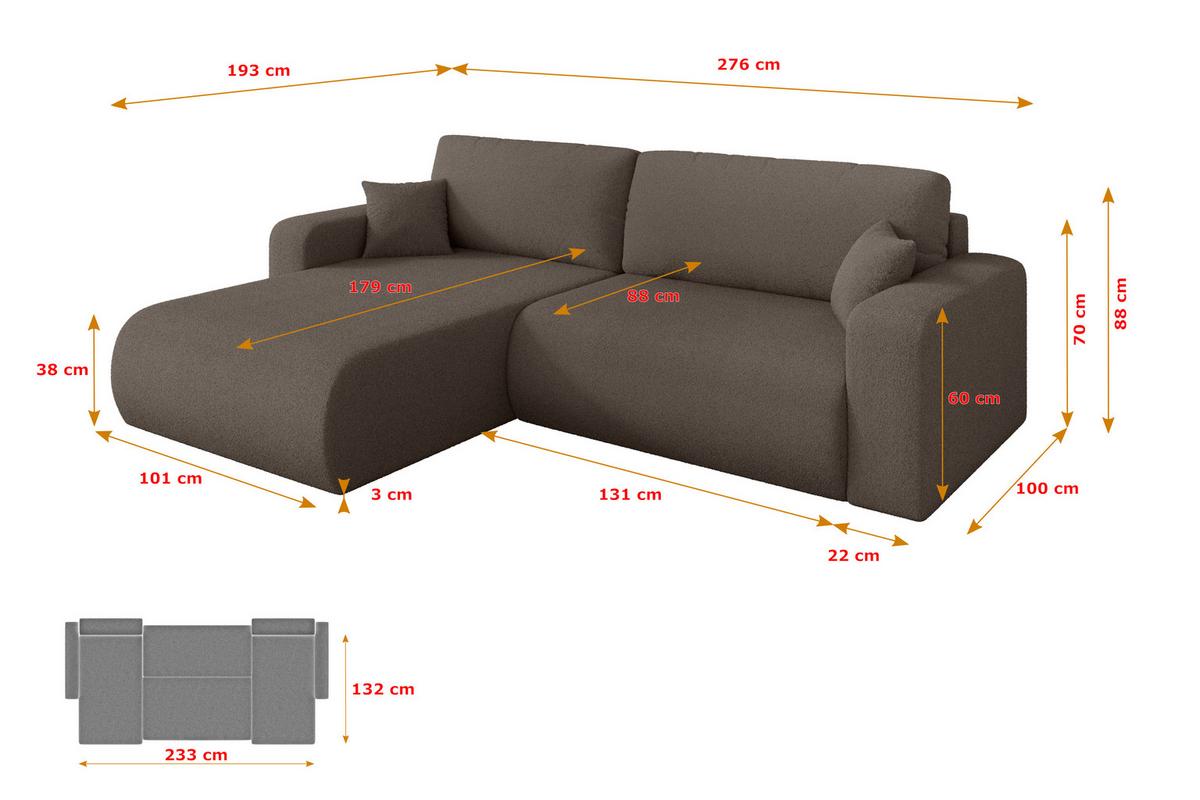 ECKSOFA mit Schlaffunktion Ottomane Links BERY-L 276x193x88 Braun Bouclé - Schwarz/Braun, Holzwerkstoff/Kunststoff (276/193cm) - ALTDECOR