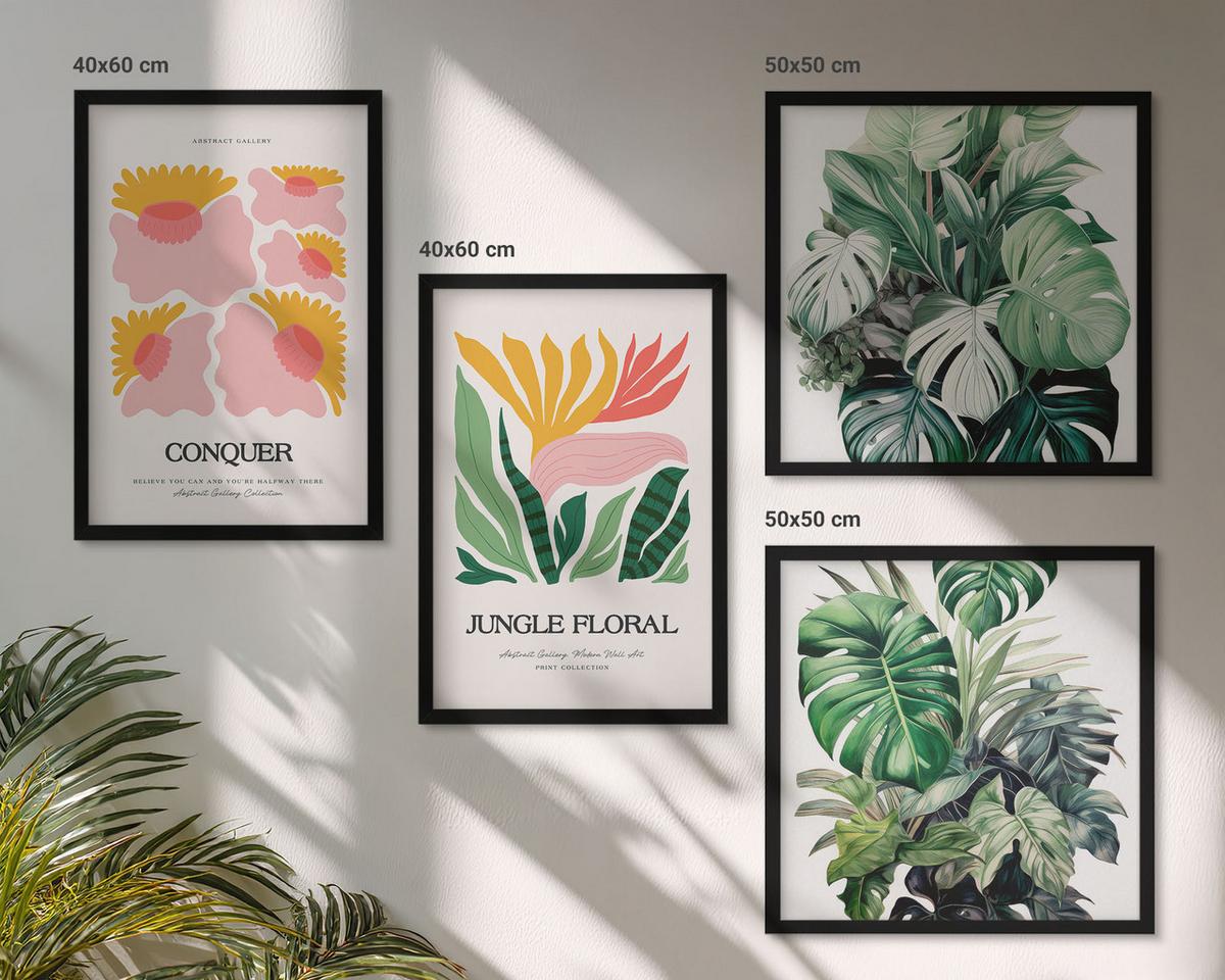 BILDER SET 4er Set - 50x50 cm & 40x60 cm Schwarzer Rahmen - Blumen und Blätter – moderne Poster - Schwarz, Kunststoff (50/50cm) - TULUP