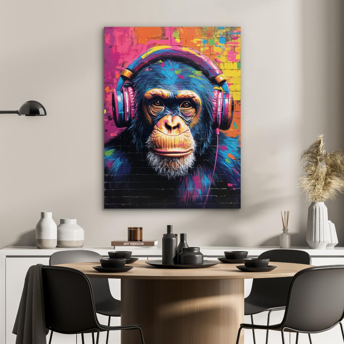 METALLBILD Graffiti - Schimpanse - Straßenkunst - Kopfhörer - Affe 60x80 cm - Blau, Metall (60/80cm) - MuchoWow