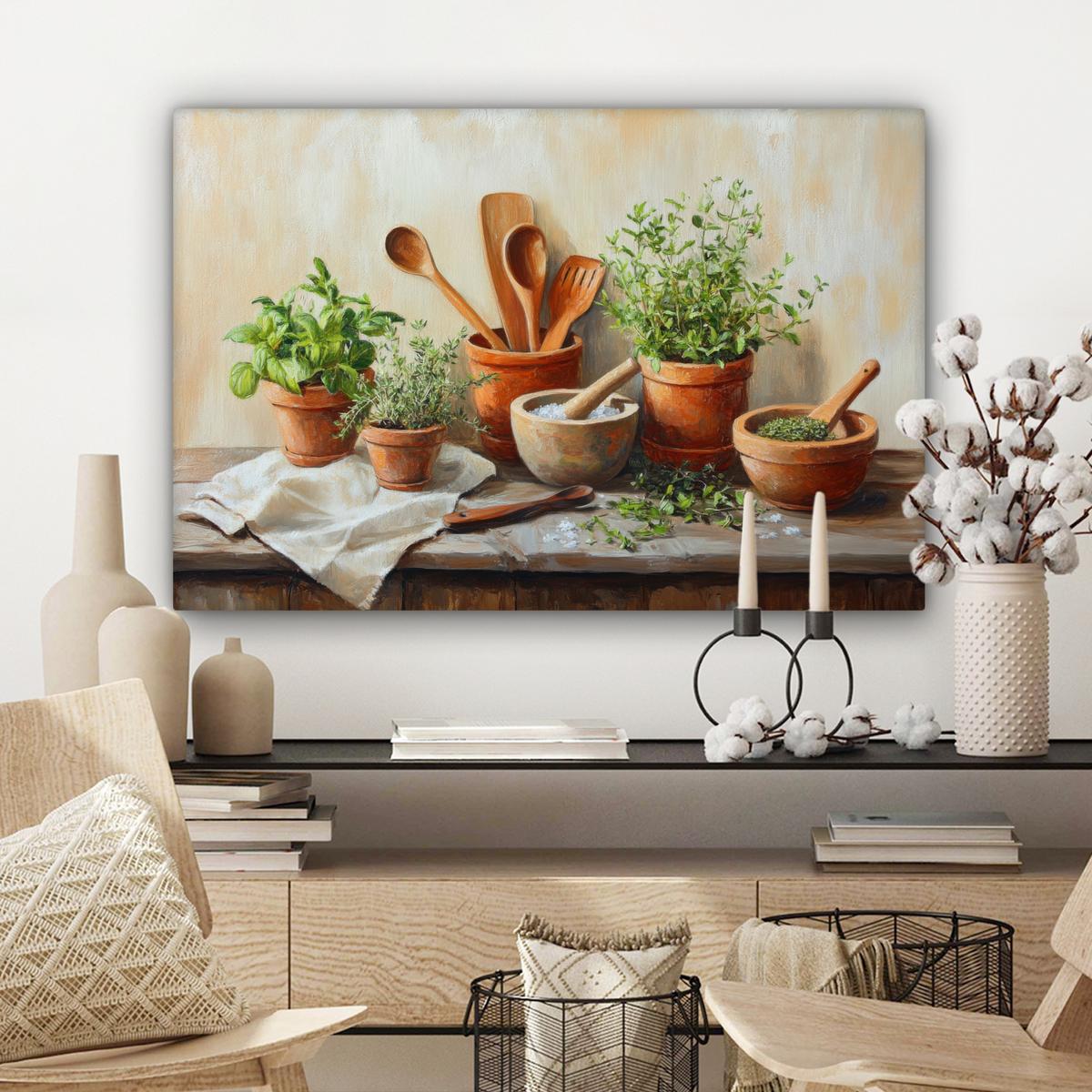 LEINWANDBILD Töpfe - Kräuter - Holz Wanddeko 90x60 cm - Terracotta, Textil (90/60cm) - MuchoWow