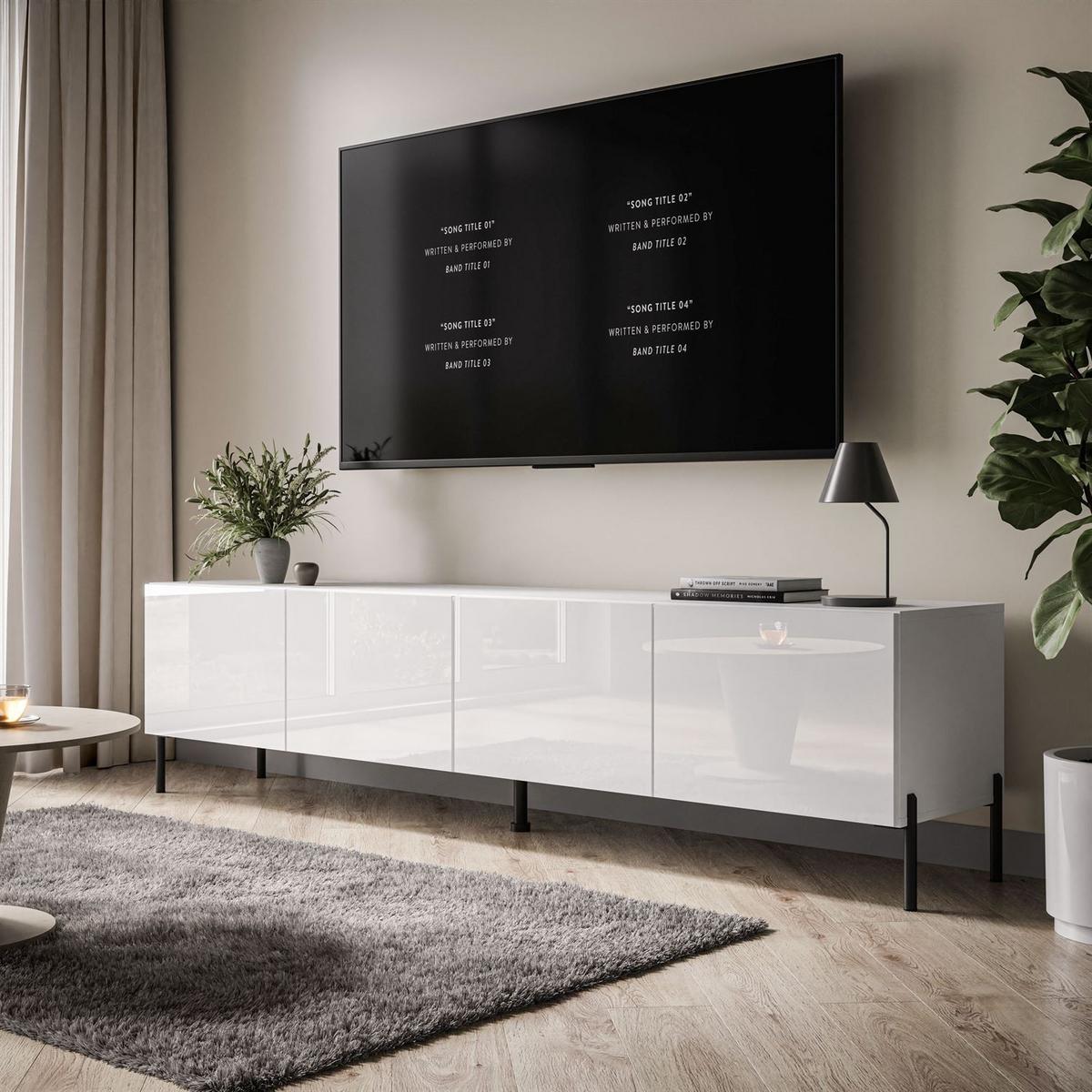 TV-LOWBOARD COLGANTE 200 cm auf Schwarz Metallbeinen - Weiß Hochglanz/Schwarz, Holzwerkstoff/Metall (200/50/40cm) - Lookway