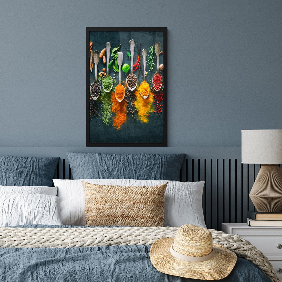 POSTER MIT RAHMENGERAHMTES BILD Kräuter - Gewürze - Löffel Bilder mit Rahmen 40x60 cm - Currygelb, Papier (40/60cm) - MuchoWow