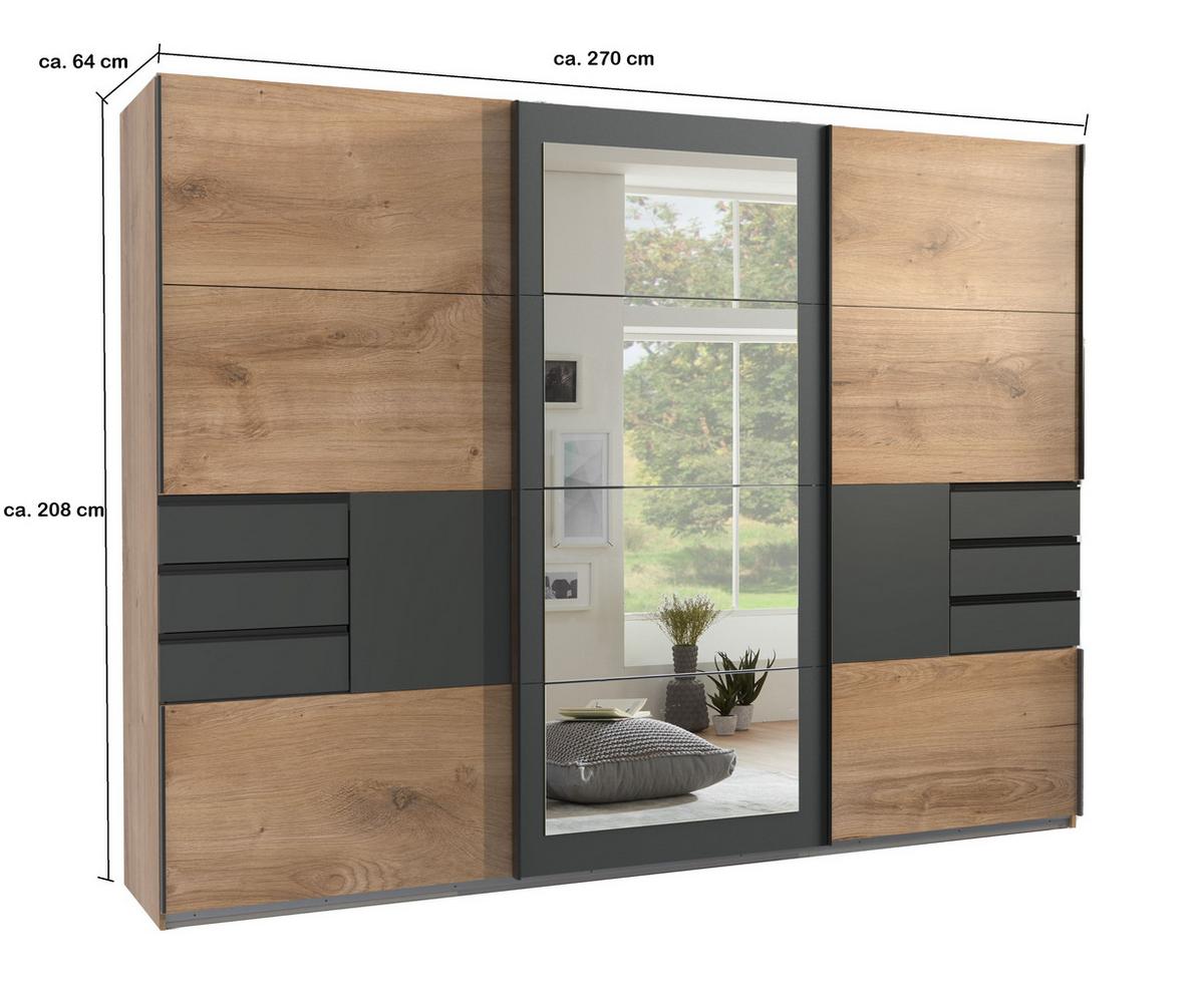 SCHWEBETÜRENSCHRANK 3-türig B270/H208/64 cm in Eiche Dekor mit Absetzungen in Grafit, Spiegel & Schubladen, Kleiderschrank inkl. Vollausst. / 22503 - Blau/Eichefarben, Holzwerkstoff/Metall (270/208/64cm) - luma-home