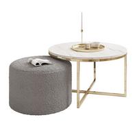 COUCHTISCH CIRI-X mit Hocker Gold Chrom|Marmor Levanto|Ascot taupe - Goldfarben/Weiß, Holzwerkstoff/Textil (70/70/46cm) - Lookway