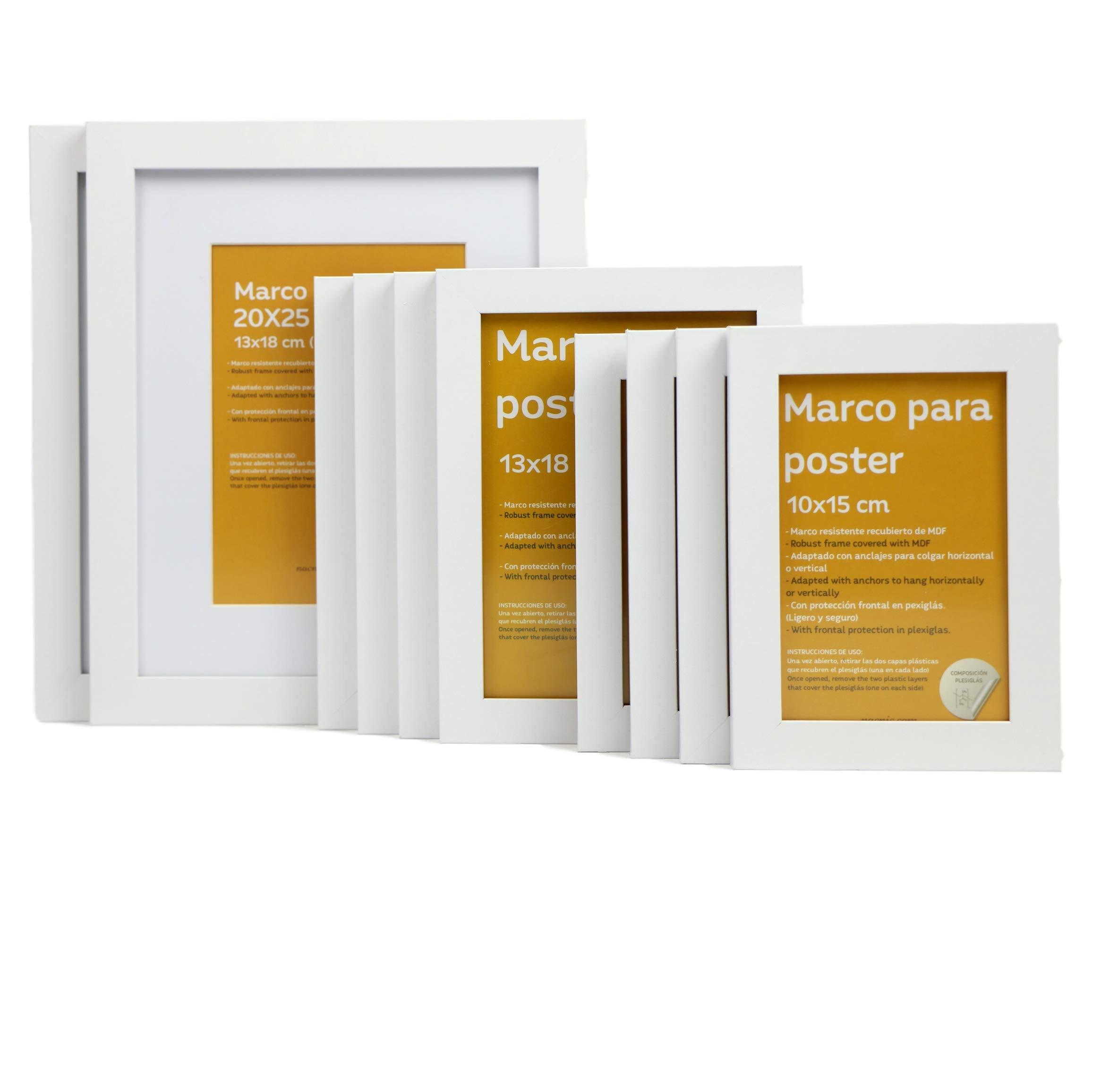RAHMEN Set mit 10 aus MDF und Acrylglas Schutz und Aussteller für Fotografien, Bilder, Poster, Gemälde Farbe Weiß 20x25, 13x18, 10x15 cm - Weiß, Holz (20/3cm) - Nacnic