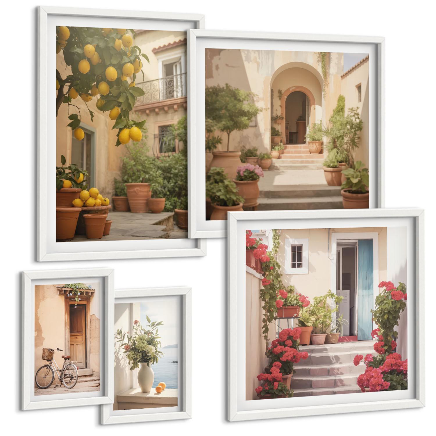 BILDER SET 5er Set - 50x50 cm & 20x30 cm & 40x60 cm Weißer Rahmen - Zitrusfrüchte in der Sonne - Weiß, Kunststoff (40/60cm) - TULUP