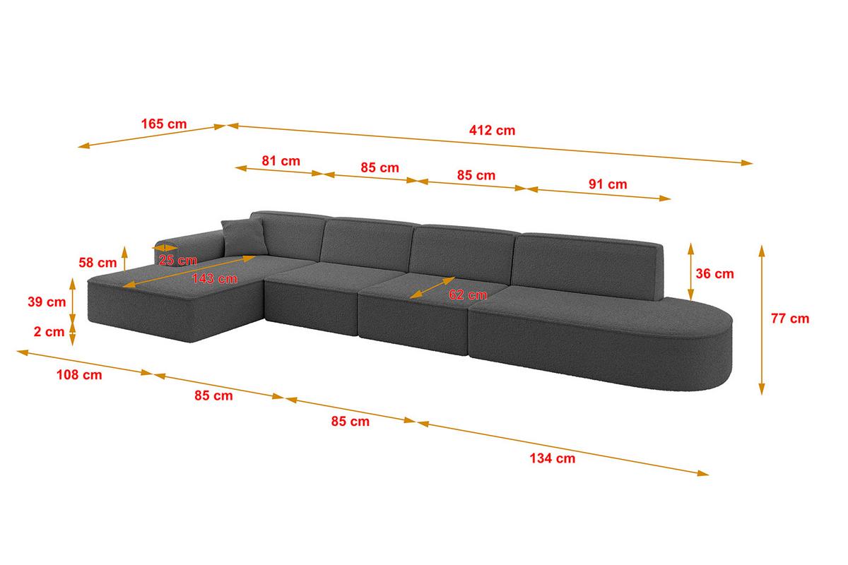 ECKSOFA Ottomane Links IREA-L3-v3 - 412x165x77 cm Grau - Olivgrün, Holzwerkstoff/Textil (412/165cm) - ALTDECOR