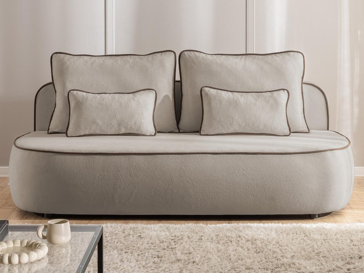 KINDERSOFA Vero im modernen und abgerundeten Design mit Schlaffunktion und Bettkasten aus Taupe Plüschstoff mit brauner Paspel - Taupe/Schwarz, Holz/Kunststoff (210/90/98cm) - S-Style Möbel