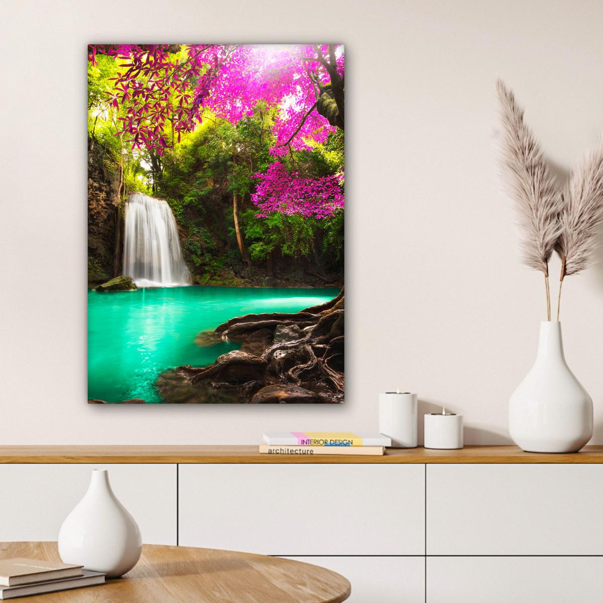 LEINWANDBILD Wasserfall mit bunten Blumen und Bäumen - Natur - Dschungel Wandbild Wohnzimmer 60x80 cm - Waldgrün, Textil (60/80cm) - MuchoWow