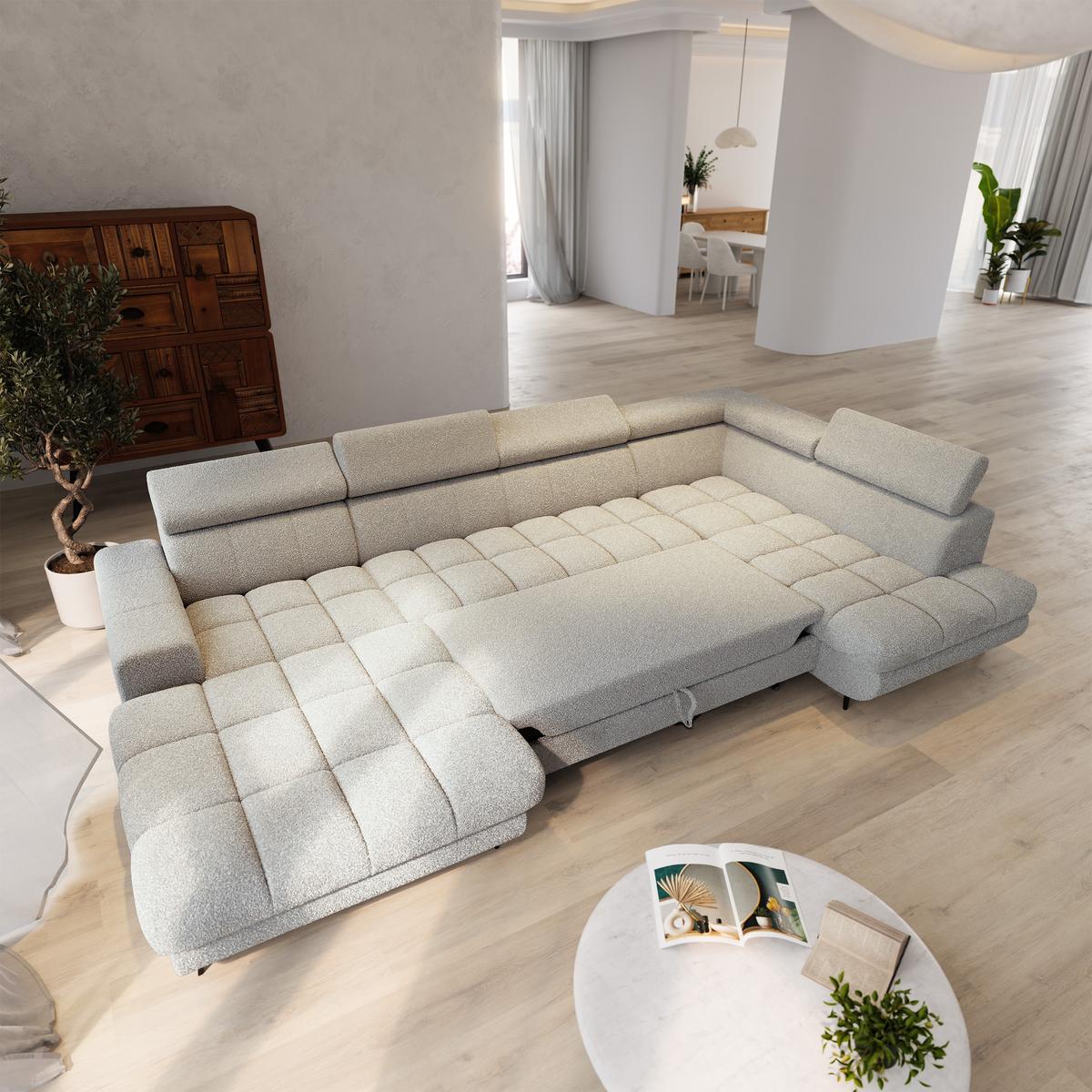 WOHNLANDSCHAFT CORENO Hellgrau Boucle-Stoff mit Schlaffunktion - Hellgrau, Holz (345/88/190cm) - MASSENO