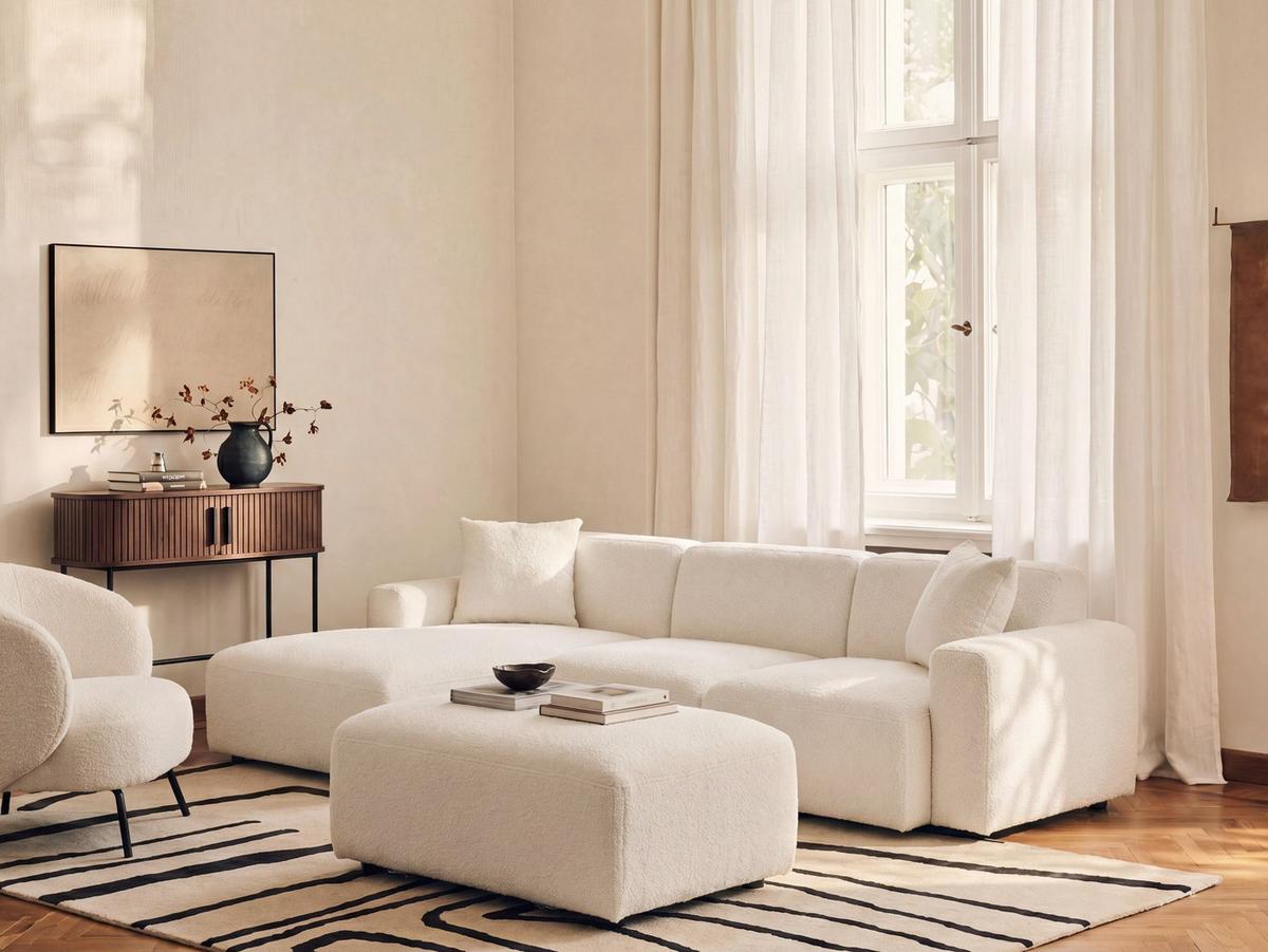 ECKSOFA Modul 3-Sitzer Bouclé Weiß mit Ottomane rechtsseitig Hede - Weiß, Textil (244/92cm) - Beliani