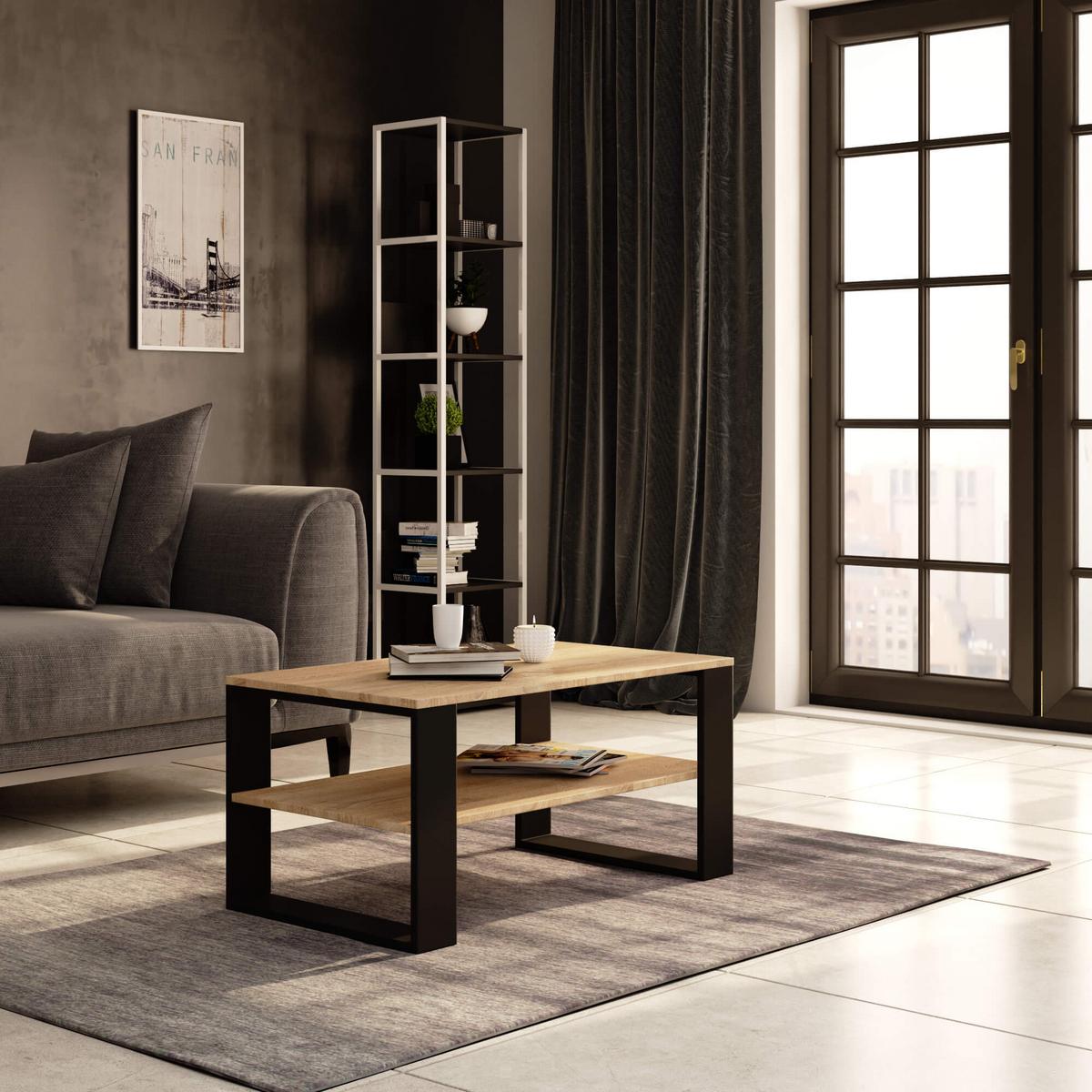 COUCHTISCH Eiche Sonoma, Schwarz 45/92/53 - Schwarz, Holzwerkstoff (53/92/45cm) - RAUMHIRSCH FURNITURE