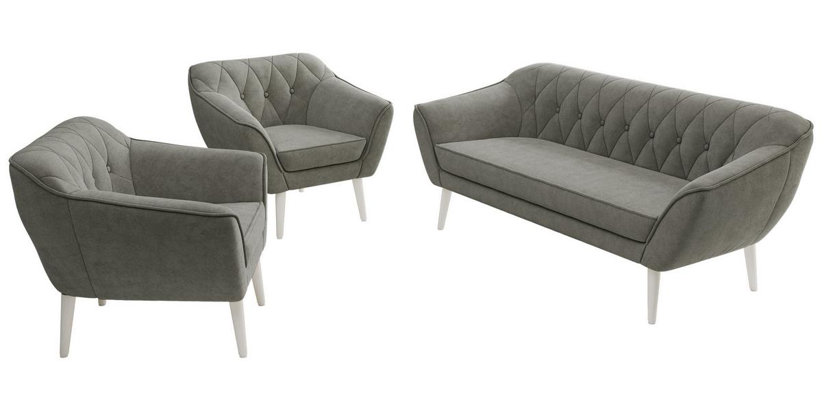 SITZGARNITUR PIRS 3+1+1 - Grau Strukture - Weiße Beine - Platinfarben/Weiß, Holzwerkstoff/Textil (180/75/74cm) - MKS