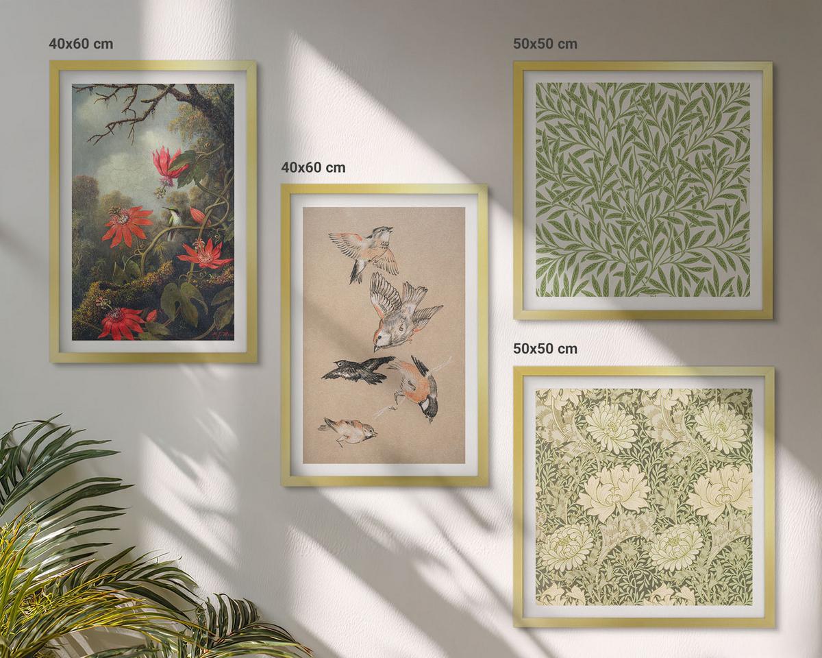 BILDER SET 4er Set - 50x50 cm & 40x60 cm Goldrahmen - Blumen und Vögel in natürlicher Umgebung - Goldfarben, Kunststoff (50/50cm) - TULUP
