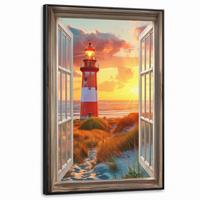 LEINWAND Bilder mit Rahmen - Aussicht - Fenster - Leuchtturm - Sonnenuntergang - Strand - 90x140 - Dunkelorange, Textil (90/140cm) - MuchoWow