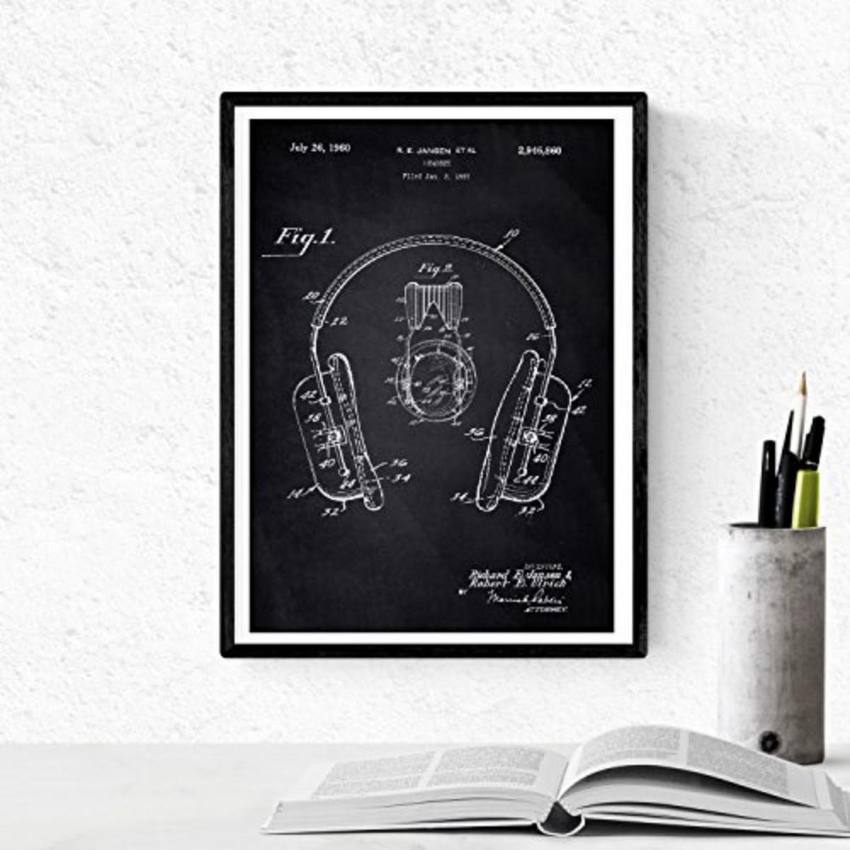 POSTER Set mit 4 Schwarz Drehscheibe Patenten A4 Schwarzer Rahmen - Schwarz, Papier (29.7/3cm) - Nacnic