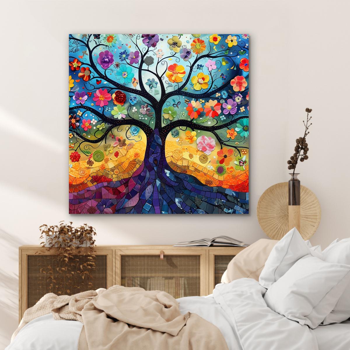 METALLBILD Kunst - Baum des Lebens - Blumen - Hippie 90x90 cm - Dunkelblau, Metall (90/90cm) - MuchoWow