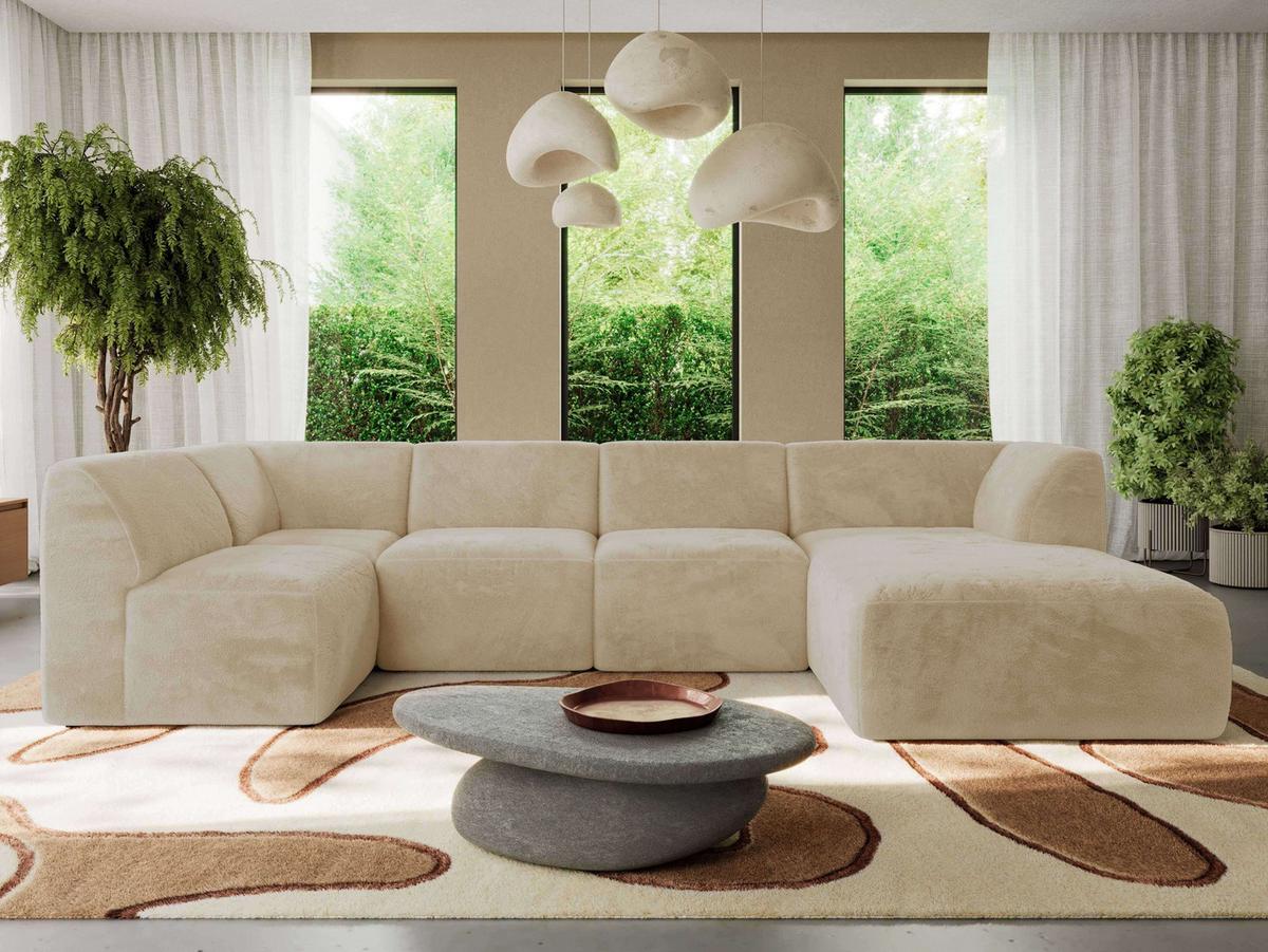 WOHNLANDSCHAFT MODARO U 6M - Creme Plüsch - Rechts - Creme/Schwarz, Textil (345/78/180cm) - MKS