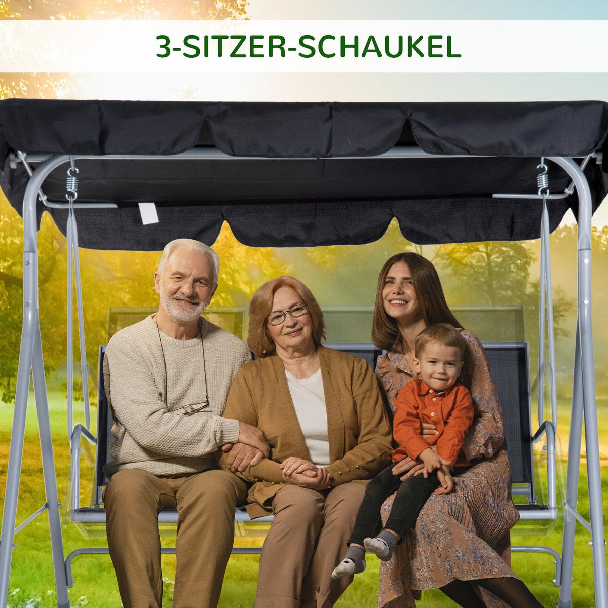 HOLLYWOODSCHAUKEL, mit Dach, Metall, Schwarz+Silber, 171 x 108 x 154 cm - Schwarz, Metall (108/154/171cm) - Outsunny