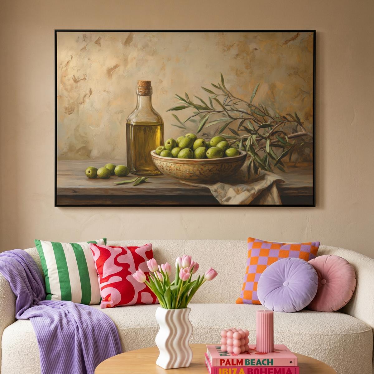 LEINWAND Bilder mit Rahmen - Oliven - Stilleben - Vintage - 120x80 - Olivgrün, Textil (120/80cm) - MuchoWow