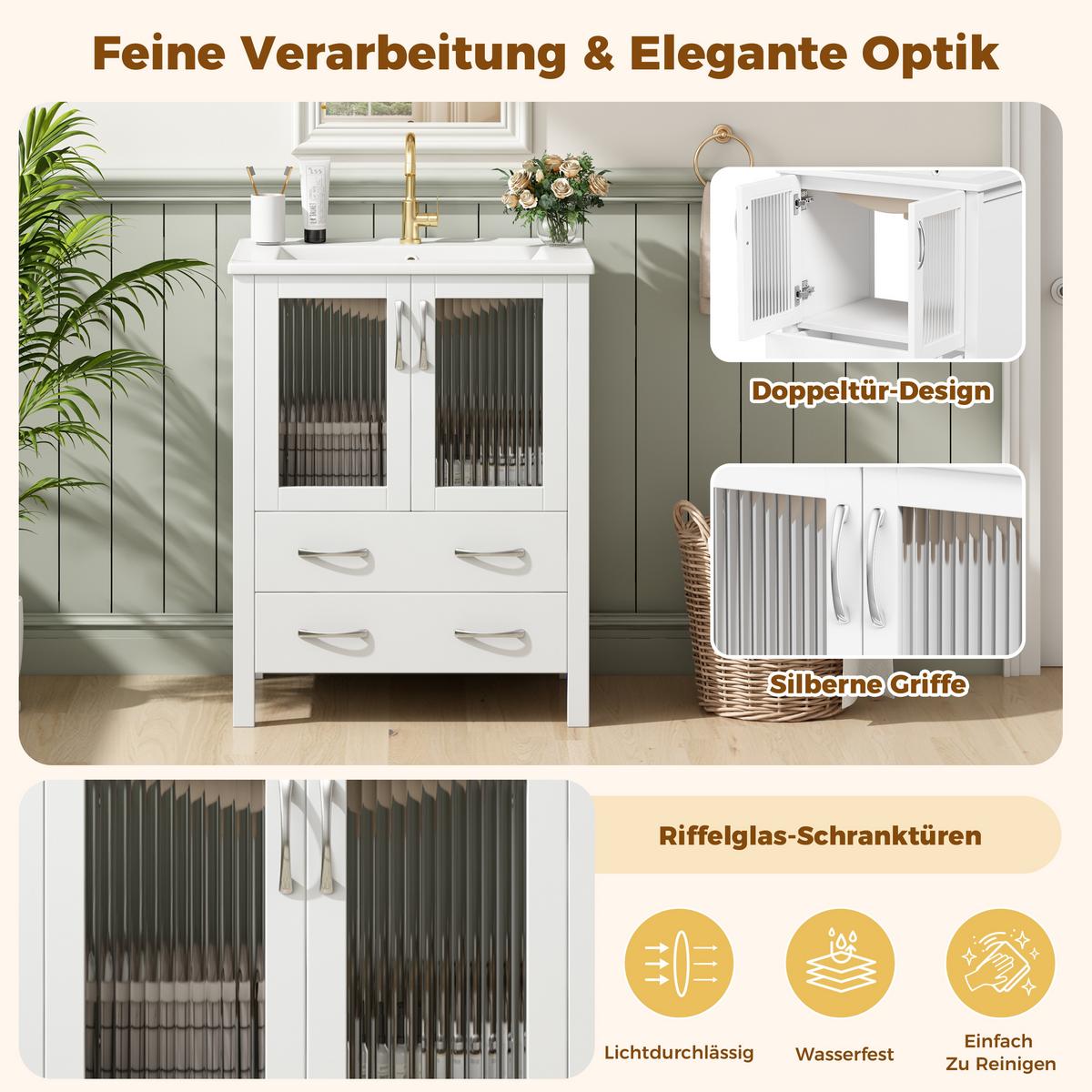 WASCHTISCHUNTERSCHRANK Hochglanz-Weiß mit Keramikbecken & Riffelglas - Weiß, Holzwerkstoff (61/86/47cm) - Urban Meuble