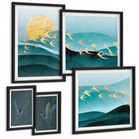 BILDER SET 5er Set - 50x50 cm & 20x30 cm & 40x60 cm Schwarzer Rahmen - Stilvolle Landschaften mit Vögeln - Schwarz, Kunststoff (40/60cm) - TULUP