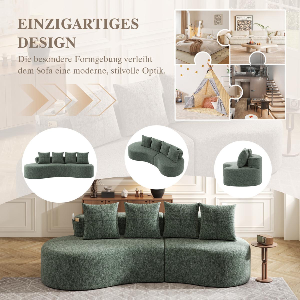 3-SITZER SOFA leinenstoff farbwahl mit getränkehalter & seitentaschen - Grün, Textil (240/63/109cm) - Urban Meuble