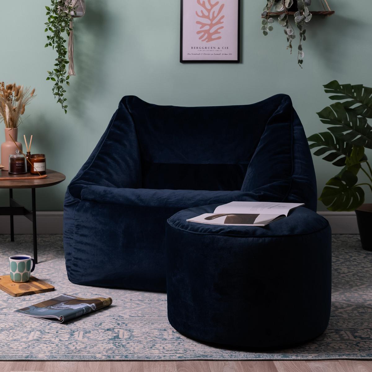 SITZSACK Milano Samt Sessel mit Fußhocker - Dunkelblau, Textil (70/65/70cm) - icon