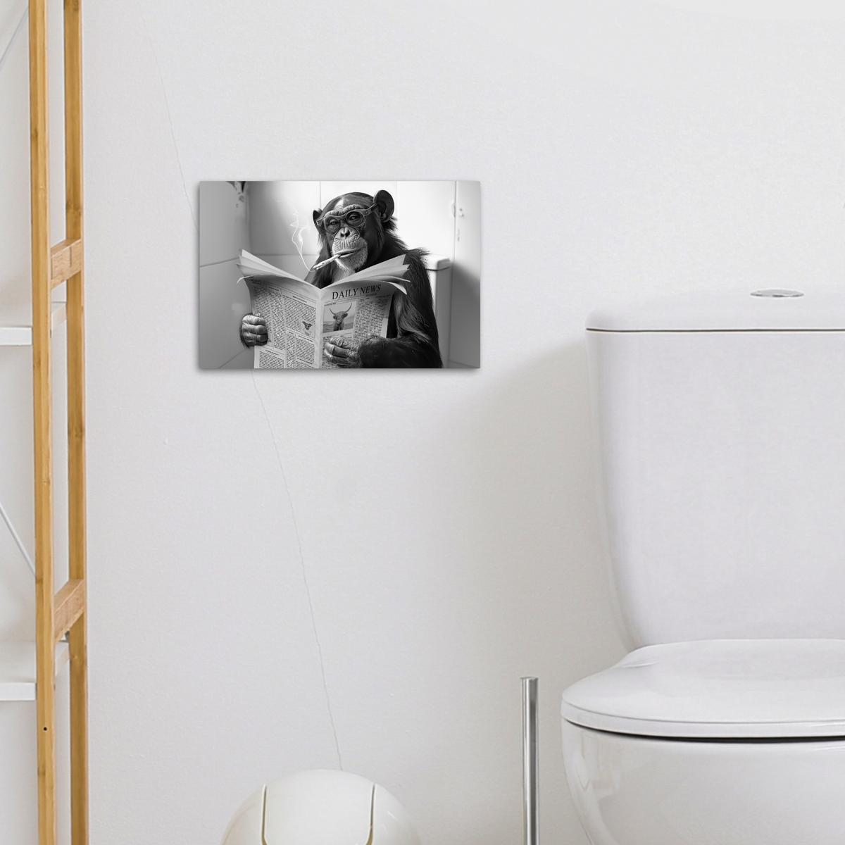 LEINWANDBILD Affe - WC - Zeitung - Schwarz-Weiß - Humor Deko Schlafzimmer 30x20 cm - Hellgrau, Textil (30/20cm) - MuchoWow