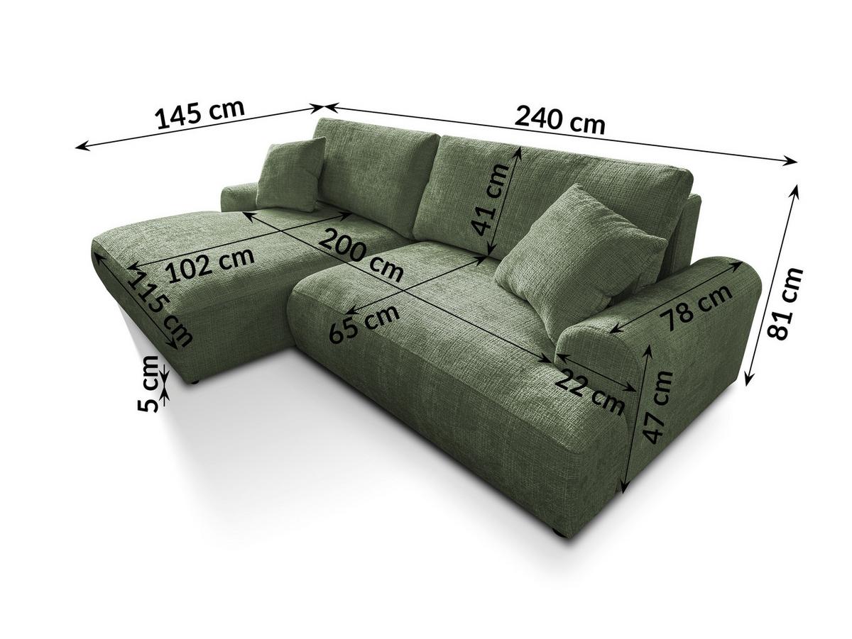 ECKSOFA Melvano mit Schlaffunktion und Bettkasten im Japandi-Stil aus weichem Grün Chenille-Stoff - Schwarz/Grün, Holz/Kunststoff (145/240cm) - S-Style