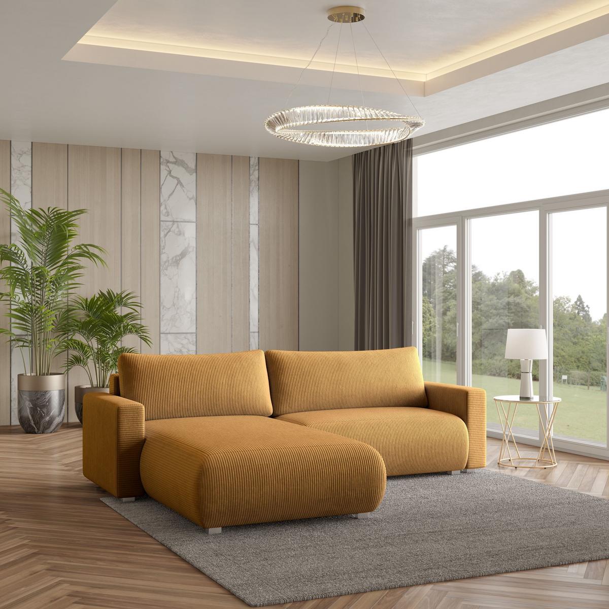 ECKSOFA TURIN P Gelb Kordstoff mit Schlaffunktion - Gelb/Grau, Holz/Kunststoff (265/183cm) - MASSENO