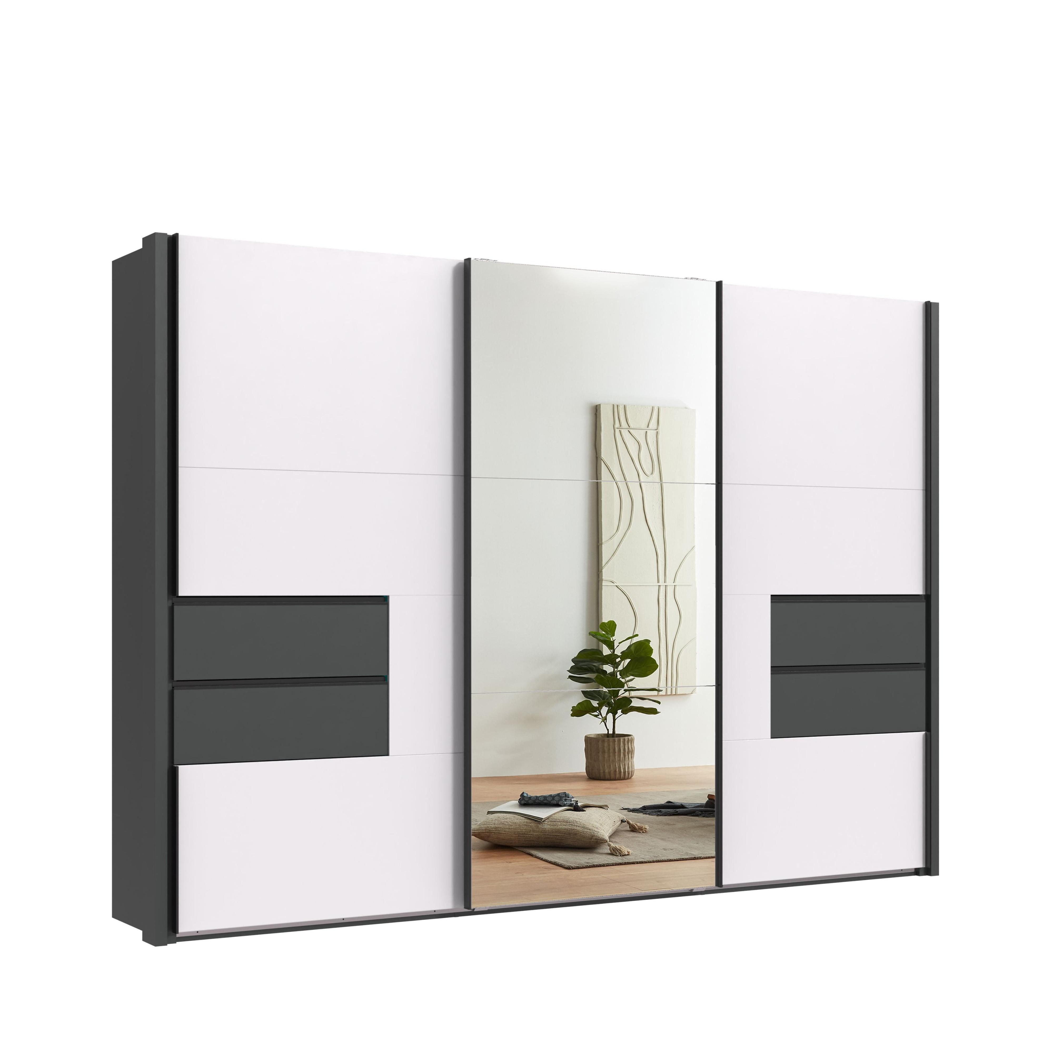 SCHWEBETÜRENSCHRANK 3-türig B312/H216/T65 cm, Korpus&Passepartout&Schubladen Grafit, Türen Weiß/Spiegel, Kleiderschrank inkl. Vollausstattung / 22063 - Bordeaux/Graphitfarben, Holzwerkstoff/Metall (312/216/65cm) - luma-home