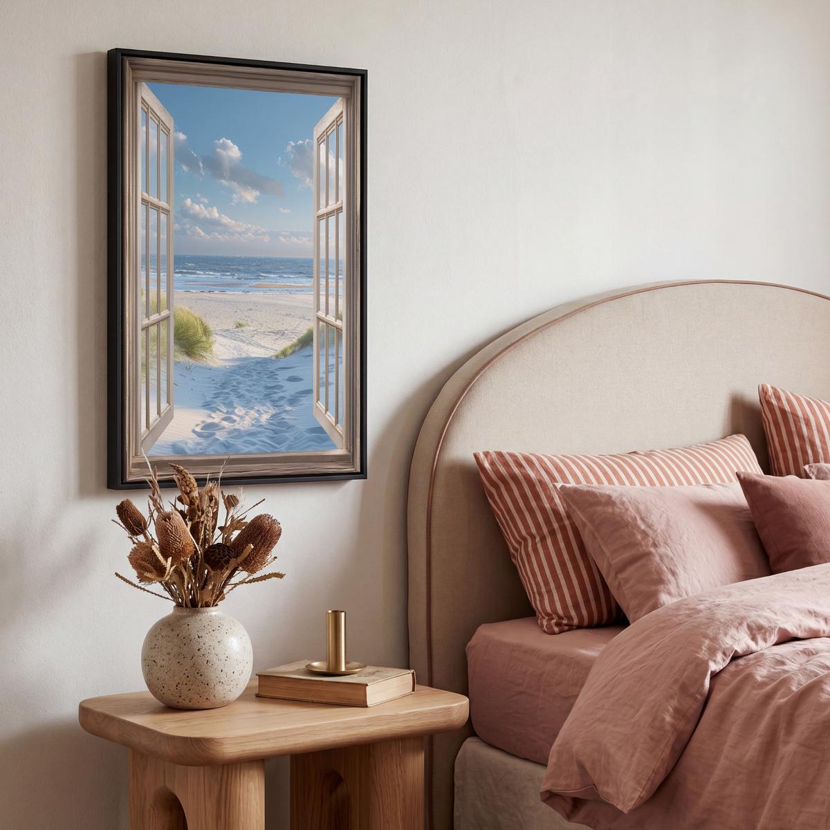 LEINWAND Bilder mit Rahmen - Aussicht - Strand - Fenster - Dünen - Meer - 40x60 - Hellblau, Textil (40/60cm) - MuchoWow