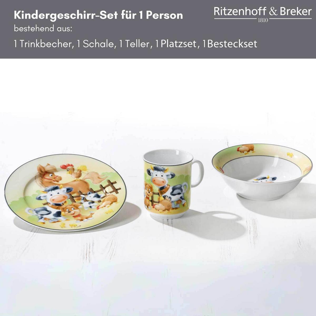 KINDERGESCHIRR MIT PLATZSET & BESTECK Hoftiere bunt - Multicolor, Keramik (2/2/2cm) - Ritzenhoff Breker