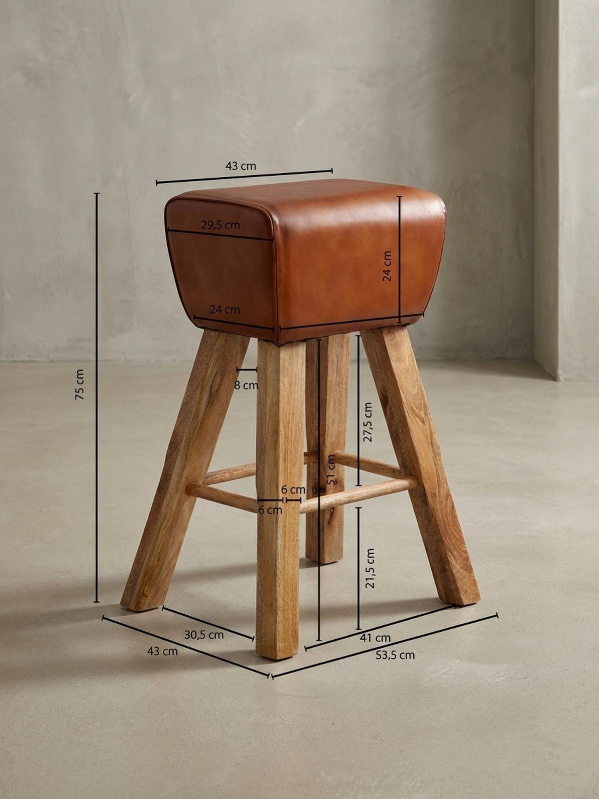 BARHOCKER – Ziegenleder und Mango Massivholz, Turnbock-Design, 43x75x43 cm, Dunkelbraun - Braun, Mangoholz/Leder (43/75/43cm) - KADIMA DESIGN