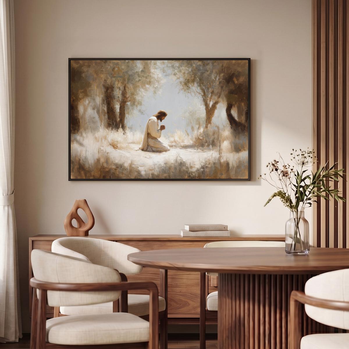 LEINWAND Bilder mit Rahmen - Jesus - Kniend - Waldlandschaft - Betend - 90x60 - Beige, Textil (90/60cm) - MuchoWow