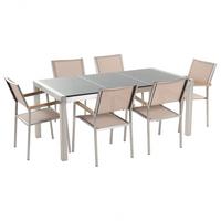 GARTENMÖBEL SET 6-Sitzer Granit grau poliert Textilbespannung beige Grosseto - Beige/Silberfarben, Metall - Beliani
