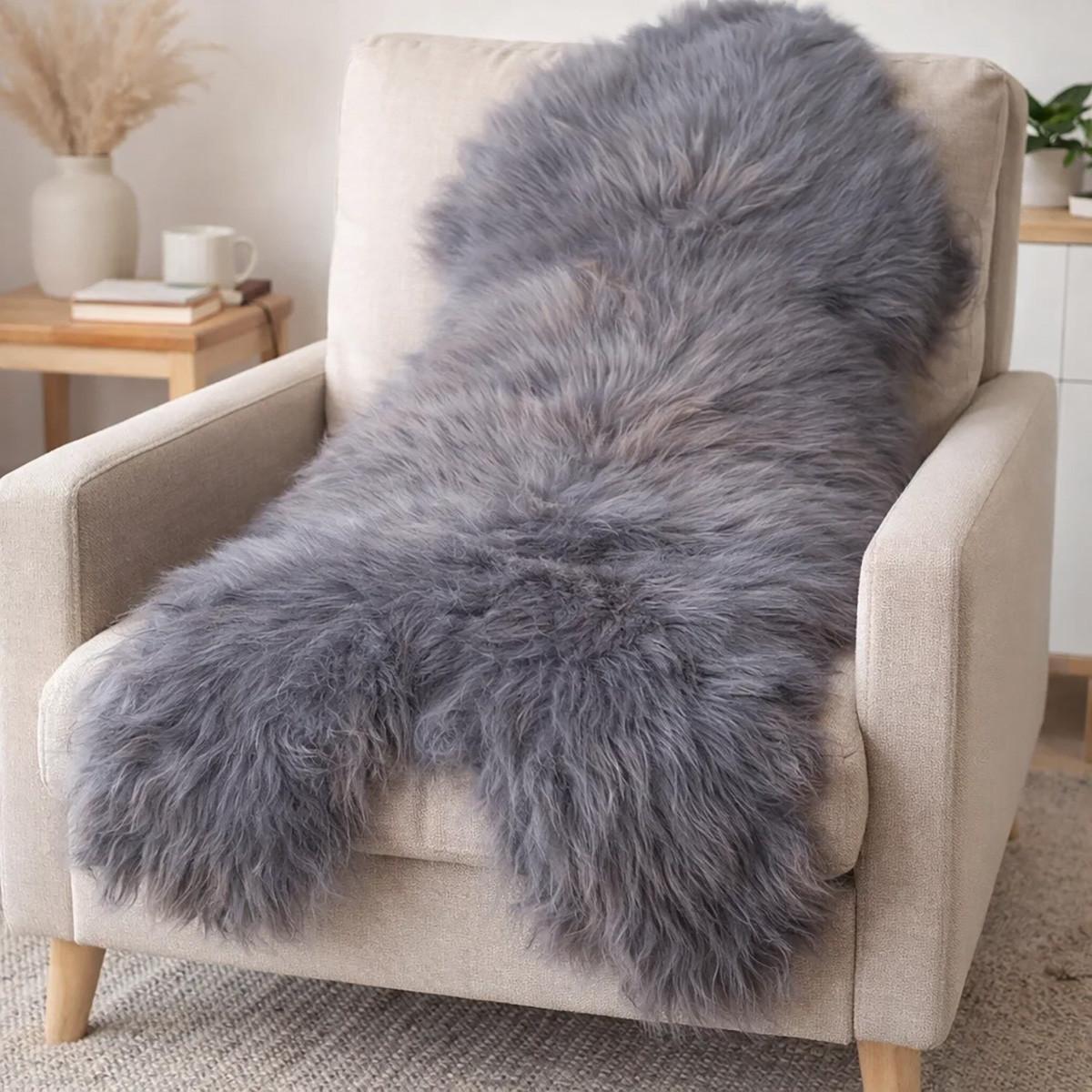 LAMMFELL Öko Schaffell grau langhaar 2. Wahl Teppich ca. 105 cm - Dunkelgrau/Grau, Fell (60/105cm) - Provellus