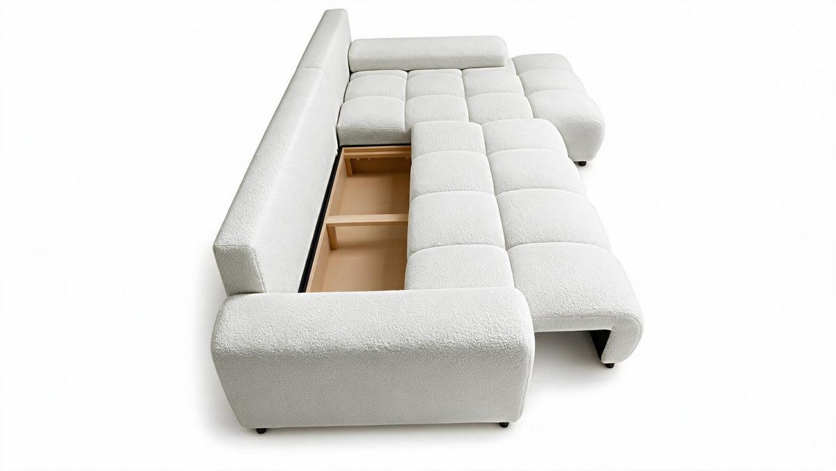 ECKSOFA Ovia mit Bettkasten und Schlaffunktion, Bouclé-Stoff in L-Form - Weiß, Textil (270/185cm)