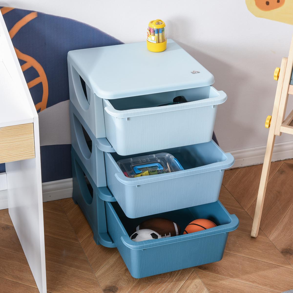 AUFBEWAHRUNGSBOXEN für Kinder, 3 große Schubladen, Kunststoff, Blau - Blau, Kunststoff (37/56.5/37cm) - HOMCOM