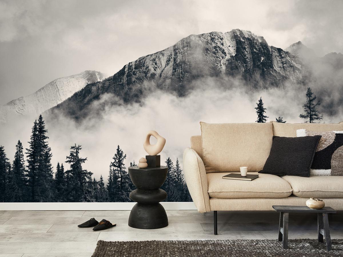 FOTOTAPETE für Wohnzimmer Nadelwald im Nebel im Hintergrund Berge 300x210 - Beige/Schwarz, Papier (300/210cm) - Muralo