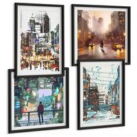 BILDER SET 4er Set - 50x50 cm & 40x60 cm Schwarzer Rahmen - Moderne, farbenfrohe Städte mit Charakteren - Schwarz, Kunststoff (50/50cm) - TULUP