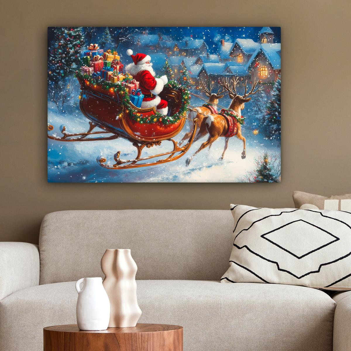 LEINWANDBILD Weihnachtsmann - Rentier - Weihnachten - Schnee Gemälde 60x40 cm - Cognac, Textil (60/40cm) - MuchoWow