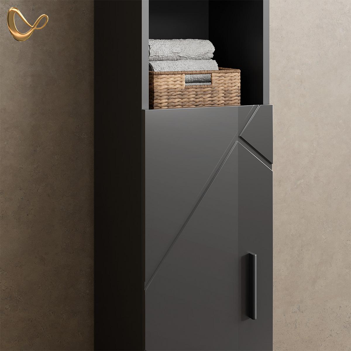 BADMÖBEL-SET Ronco Anthrazit Hochglanz 3 Teile, mit Schubladenschrank und Hochschrank - Schwarz Hochglanz, Holzwerkstoff (80/58/41cm) - Livinity®