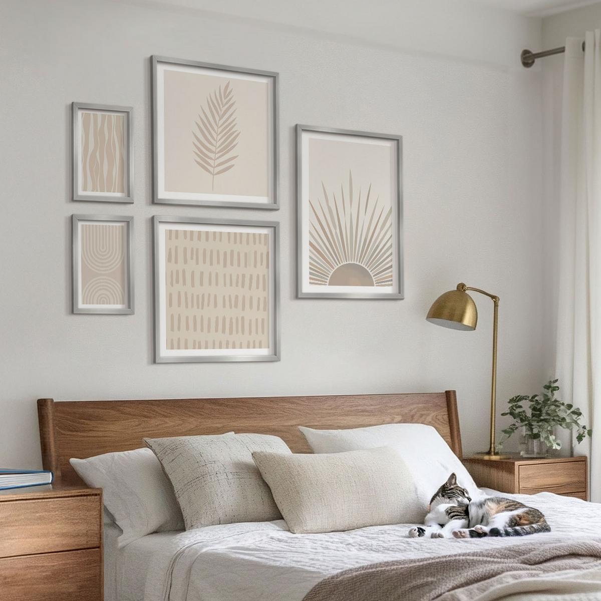 BILDER SET 5er Set - 50x50 cm & 20x30 cm & 40x60 cm Silberner Rahmen - Beige Pflanzenmuster - Silberfarben, Kunststoff (40/60cm) - TULUP