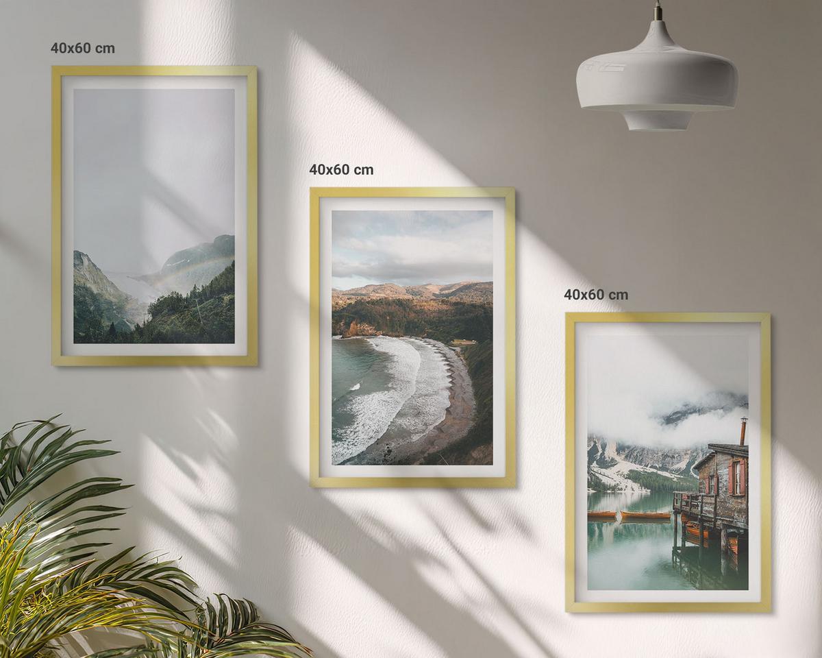 BILDER SET 3er Set - 40x60 cm Goldrahmen - Berge, Strand, Wolken, Wasser - Goldfarben, Kunststoff (40/60cm) - TULUP