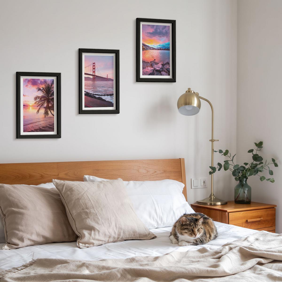 BILDER SET 3er Set - 20x30 cm Schwarzer Rahmen - Sonnenuntergangsbrücke Landschaft - Schwarz, Kunststoff (20/30cm) - TULUP