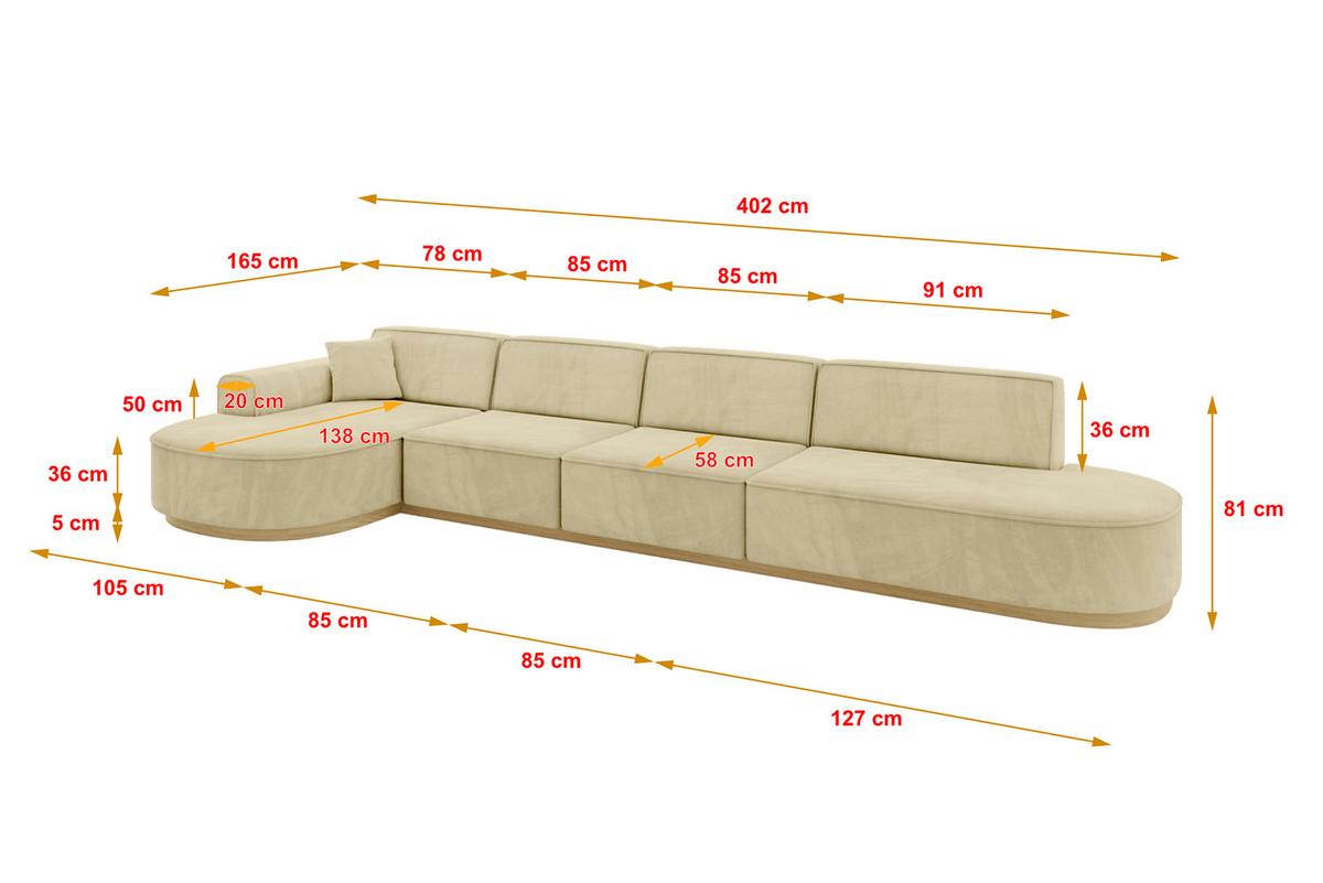 ECKSOFA Ottomane Links MARI-L3-v2 - 413x171x83 cm Beige Velours - Beige, Holzwerkstoff/Textil (413/171cm) - ALTDECOR