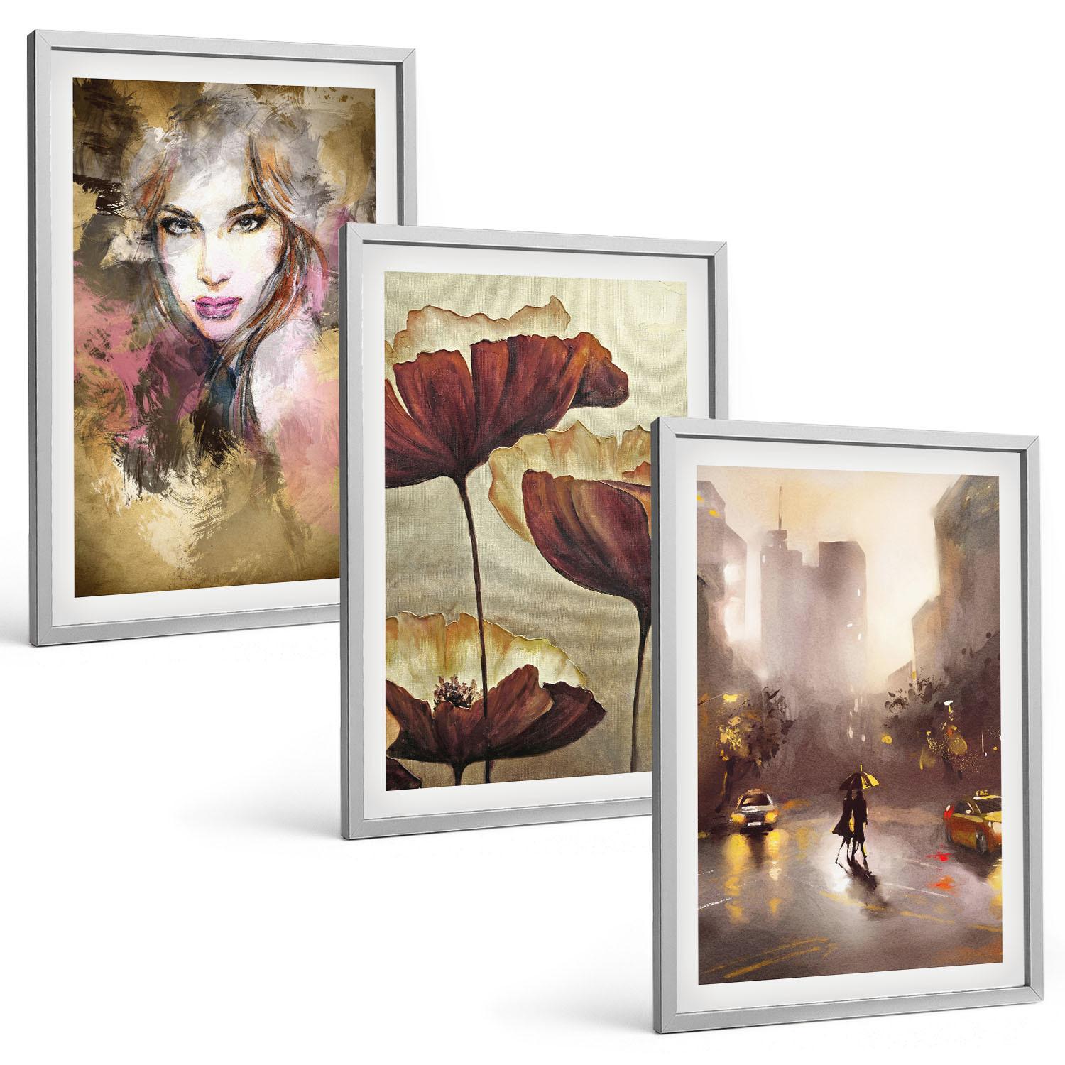 BILDER SET 3er Set - 40x60 cm Silberner Rahmen - Abstraktes Porträt einer Frau mit Blumen und Regen - Silberfarben, Kunststoff (40/60cm) - TULUP